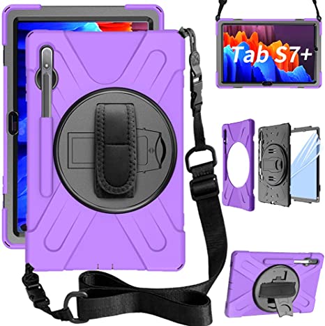 ZenRich Galaxy Tab S7 Plus Case 12.4 inch 2020, zenrich SM-T970/T975/T976 Case with S Pen Holder Heavy Duty Case with Screen Protector Stand Hand Strap Shoulder Belt for Tab S7  12.4 Inch-Purple