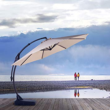 Grand patio Napoli Deluxe 11 FT Curvy Aluminum Offset Umbrella, Patio Cantilever Umbrella with Base, Champagne