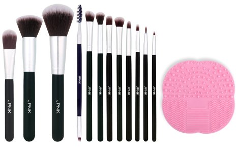JPNK Synthetic Makeup Brush Set Cosmetics Foundation Blending Blush Eyeliner Face Powder Brush Makeup Brush Kit (12pcs, Silver Black)