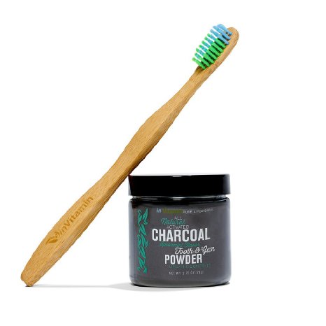 Natural Whitening Tooth & Gum Powder with Activated Charcoal, 2.75oz   1 WooBamboo Toothbrush - Spearmint Flavor