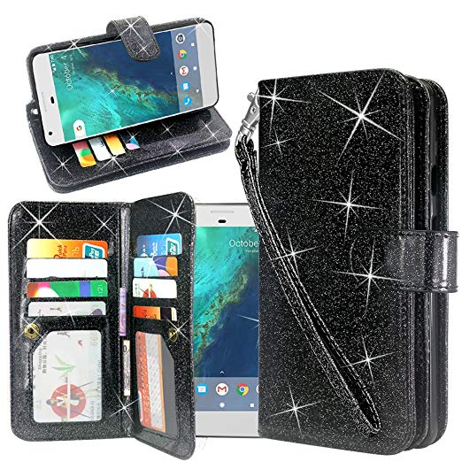 Google Pixel 2 XL Case, Linkertech Glitter Shiny Luxury PU Leather Flip Pouch Wallet Case Cover with 12 Card Slots and Wrist Strap for Google Pixel 2 XL (2017) (Glitter Black)
