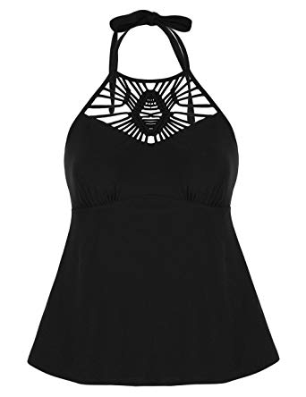 Hilor Women's Macrame Swimsuit Tops High Neck Tankini Swimwear Halter Bathing Suit Top