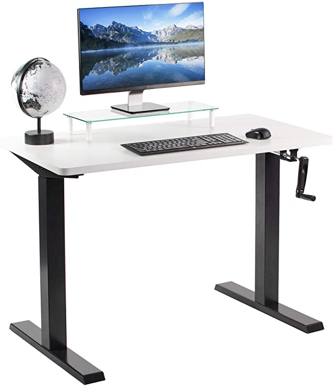 VIVO Manual 43” x 24” Stand Up Desk | White Table Top, Black Frame, Height Adjustable Standing Workstation with Foldable Handle (DESK-KIT-MB4W)