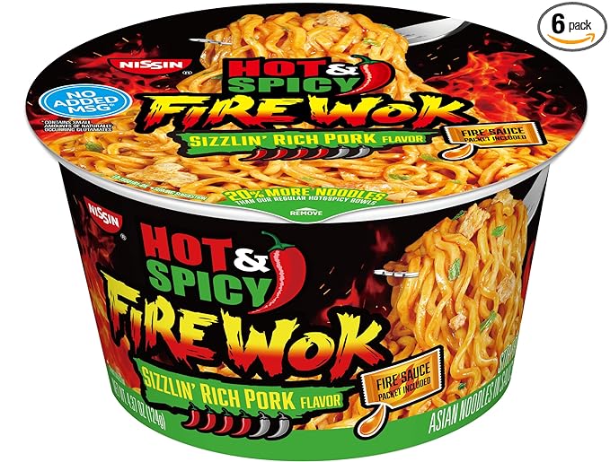 Nissin Hot & Spicy Fire Wok, Sizzlin' Rich Pork, 4.37 Ounce (Pack of 6)