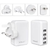 Upgraded Version and All Smart Port LETOUCH 24W 5V 48A 4-Port USB Wall Charger Travel Kit With Interchangeable Plugs US UK EU AU Portable Multi port USB Travel Charger Adapter with Smart IC For iPhone 6S65S5C iPad  iPod and Android Windows Phone  Tablet  USB Charger Devices etc 1 Year Warranty White