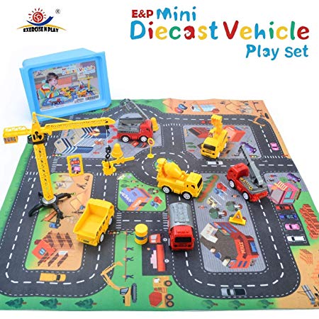 EXERCISE N PLAY Mini Construction Vehicle Play Set with a Kid Play Car Rug (28” x 31”) , Engineering Vehicle Toy Play Diecast Vehicles Toy Cars for Kids, Boys or Girls