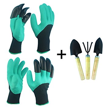 WICWIN Garden Genie Gloves- 2 Pairs with Claws and Extra 3pcs Digging Tools