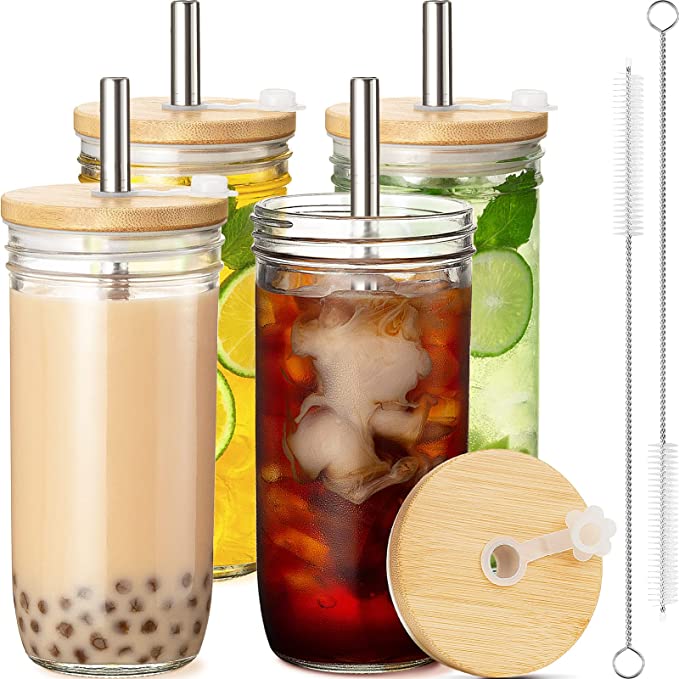 Glass Cups Set Reusable Boba Cup Smoothie Cups 4 Pack, 24oz Wide Mouth Mason Jars Drinking Glasses with Bamboo Lids and Straws, Bubble Tea Cup Iced Coffee Travel Tumbler for Large Pearl Christmas Gift