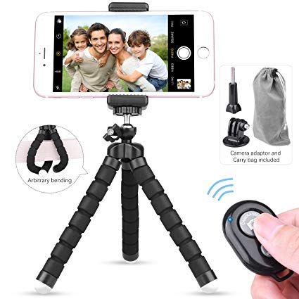 Etepon Phone Tripod, Portable Flexible Mini Tripod Camera Stand Holder with Tripod Mount Bluetooth Remote Shutter, Camera Adapter Universal Clip Portable Bag for iPhone, Android, Home DVs, GoPro EP001