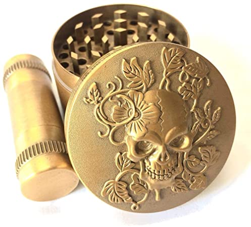KW Collection Zinc Alloy Spice Grinder Grater Gold 2"/50mm 4 Piece with Free Pollen Presser and Pollen Catcher (2"×1.6", 4 pieces, with a pollen presser, Antique Golden, Skull Head Designed on top)