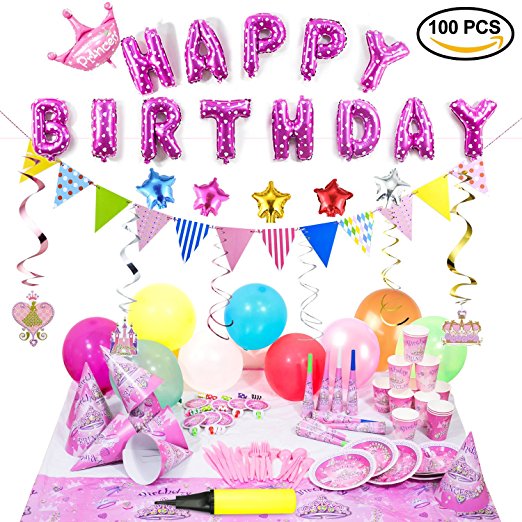 Birthday Party Supplies and Party Decorations All-in-One Pack with Pink Foil Balloons and Hanging Swirl Decorations by Party Accessories of Princess girl suit(1 balloon pump)(Over 100 PC)