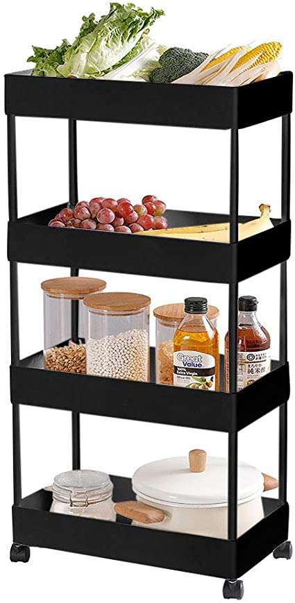 Flesser 4 Tier Rolling Utility Cart Storage Cart with Wheels Slim and Easy to Assembly for Bathroom,Kitchen,Office (Black)