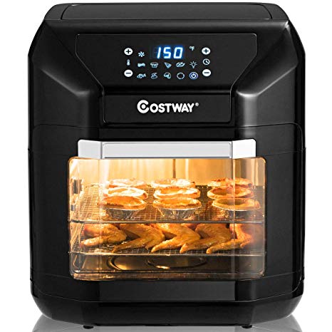 COSTWAY Electric Air Fryer Oven, 7-in-1 Kitchen Air Oven with Rotisserie, Multifunctional Cooking Oven, Oil Less Cooker, with Intelligent Screen and Auto Shut-Off Function, w/ Dishwasher-Safe Accessories (Black)