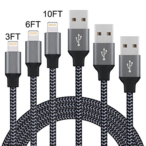 iPhone Charger, Sundix Lightning Cable 3Pack 3FT 6FT 10FT Nylon Braided iPhone 8Pin Lightning Charging & Sync Charger Cord for iPhone7,7Plus, 6s, 6sPlus,6, 6Plus, iPhone5,5s,5c,SE, iPad, iPod & More