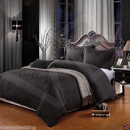 500 Thread Count SINGLE BED SIZE DAMASK BLACK 100% Egyptian Cotton Jacquard Duvet Cover With One Pillowcase