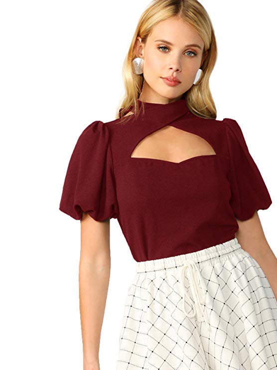 Romwe Women's Elegant Cutout Neck Puff Short Sleeve Clubwear Blouse Top