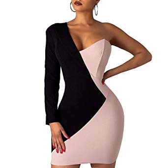 Women's Long Sleeve V Neck Colorblock One Off Shoulder Irregular Slim Sexy Bodycon Business Mini Dress