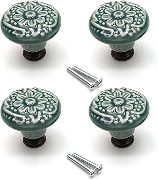 Kitchen Cabinet Knobs,4pcs, Decorative Door Knobs 1.3" Dia. Ceramic Drawer Knobs and Pulls Green with Mounting Screws Drawer Pulls Knobs