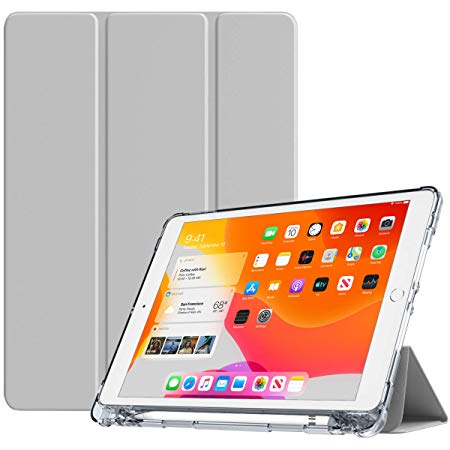 TiMOVO Case for New iPad 7th Generation 10.2" 2019, Soft TPU Translucent Frosted Back Protective Smart Case with Auto Wake/Sleep & Pencil Holder Fit iPad 10.2-inch Retina Display - Light Gray