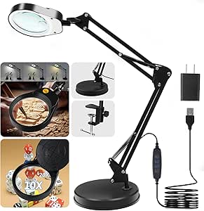 10x / 20x Magnifying Glass with Light and Stand, 2 in 1 Table Clamp Dual Use Lighted Magnifying Glass with Dust Cover, 3 Color Modes, Stepless Dimmable for Close Work, Repair, Welding, Reading