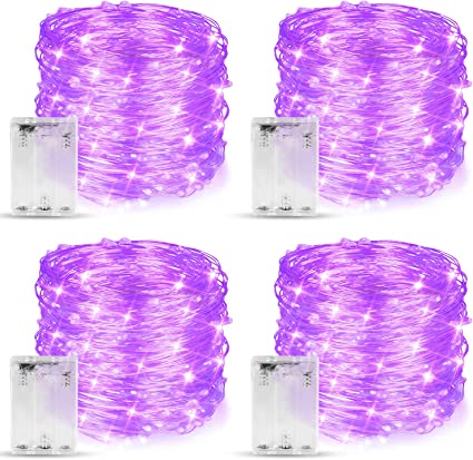 Makion Halloween Decorations, Purple Fairy String Lights 4 Pack,19.7Ft/6M 60 LEDs 2 Modes Indoor Copper Wire Twinkle Lights for Halloween Carnival Themed Party Decorations (Battery Operated)