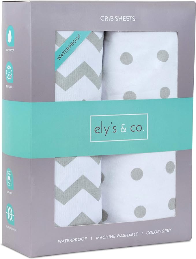 Waterproof Crib Sheets 2-Pack for Baby Boy or Baby Girl - Neutral Grey Chevron & Grey Polka Dots