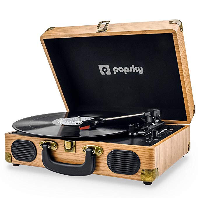 Record Player, Popsky Vintage Vinyl Turntable with Bluetooth, LP 3-Speed Belt-drive Stereo Turntable with Built-in Speakers, Vinyl to MP3 Recording, AUX USB RCA Headphone Jack, Rechargable Battery