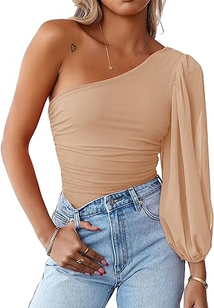 MASCOMODA Womens Fall Fashion 2023 Mesh Long Sleeve One Shoulder Tops Solid Stretch Ruched Lantern Sleeve Blouse Shirt