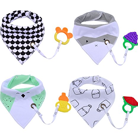 Baby Bibs,Aniwon 4 Pack Bandana Drool Bibs and 4 Baby Teething Toys Gift Set