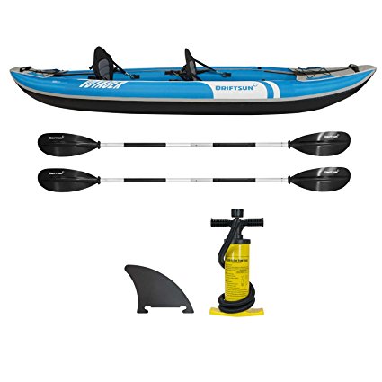 Driftsun Voyager 2 Person Inflatable Kayak - Complete with All Accessories, 2 Paddles, 2 Seats, Double Action Pump and More