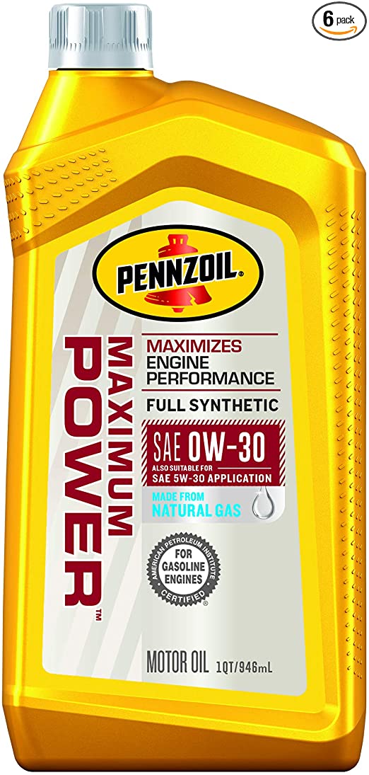 Pennzoil 550053576 Maximum Power Full Synthetic 0W-30 Motor Oil, 1 Quart, 6 Pack