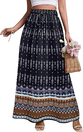 Zeagoo Women's 2024 Boho Floral Skirt Casual Elastic High Waist Maxi Skirts Flowy A Line Beach Long Skirt with Side Pockets