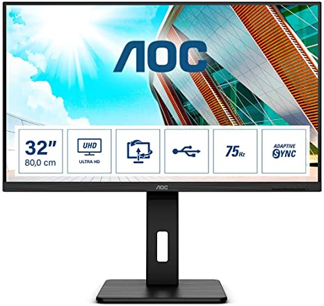 AOC U32P2CA - 32 Inch 4K UHD Monitor, 60Hz, VA, USB-C Docking with 65w Power delivery, Height Adjust, Speakers, USB HUB (3840x2160@ 60Hz, 350 cd/m², HDMI 2.0 x 2 / DisplayPort 1.2 x 1 / USB-C x 1)