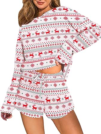 Ekouaer Womens Waffle Knit Lounge Set Long Sleeve Top and Shorts Pajama Set Print Comfy Sets Loungewear with Pockets S-XXL