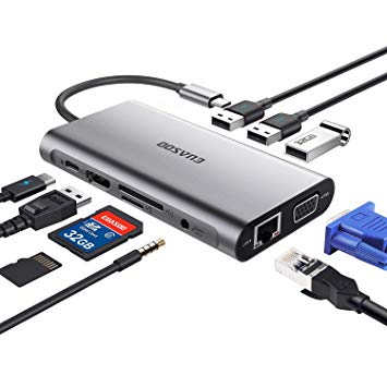 USB C Hub, EUASOO Type C Adapter 10 in 1 Aluminum Type C Hub with HDMI 4K, Gigablit Ethernet RJ45, 1080P VGA, 3.5mm Audio Output, 3 USB 3.0, SD/TF Card Reader with Type C PD Charge for USB C Devices
