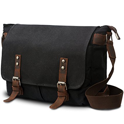 SUVOM Mens Canvas Leather Laptop Messenger Bag Shoulder Crossbody Bag School Satchel-14 Inch