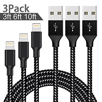 Lightning Cable,ONSON Charger Cables 3Pack 3FT 6FT 10FT to USB Syncing and Charging Cable Data Nylon Braided Cord Charger for iPhone 7/7 Plus/6/6 Plus/6s/6s Plus/5/5s/5c/SE and more (Black&White)