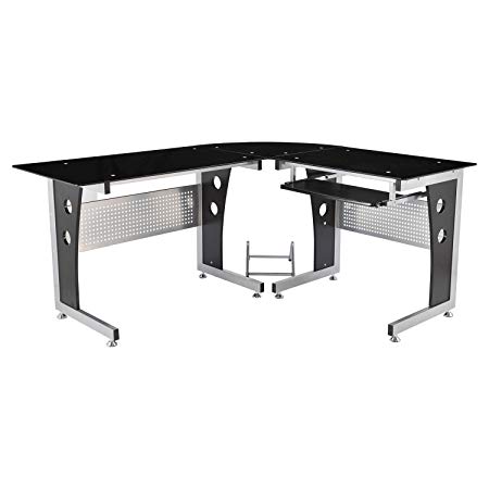 HomCom 64" Modern L-Shaped Dark Glasstop Office Workstation Computer Desk - Black