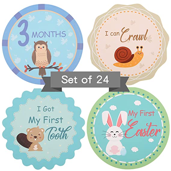 Baby Monthly Milestone Stickers - Set of 24 Cute Unisex Woodland Animals Month Stickers for Baby Boy or Girl, 0 to 12 Months Onesie Belly Stickers, Best Baby Shower Gift or Scrapbook Photo Keepsake