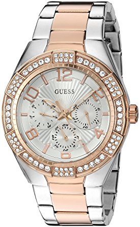GUESS Women's U0729L4 Sporty Silver-Tone Stainless Steel with Multi-function Dial and 2-Tone Pilot Buckle Quartz Casual Watch