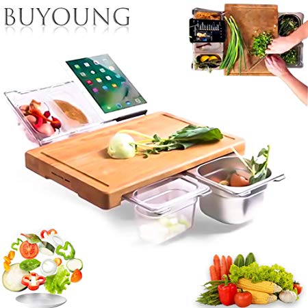 2020 New Extensible Bamboo Cutting Board with 4 Containers Tray Drawer Storage for Meal Prep Station Cutting Board - Easy Food Prep, Meat, Vegetables, Fruits, Crackers & Cheese 1 set