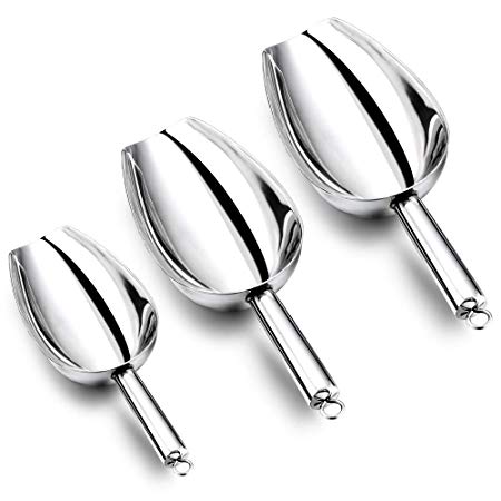 Ice Scoop, E-far Stainless Steel Kitchen Utility Scoops Set, Ideal for Ice Cube/Coffee Bean/Food / Candy/Flour / Popcorn, Set of 3 (5-8-12 Ounce)
