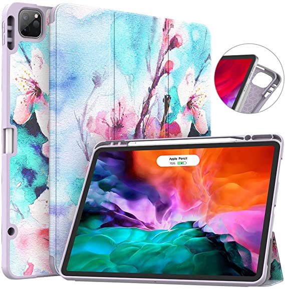 Soke New iPad Pro 12.9 Case 2020 & 2018 with Pencil Holder - [Full Body Protection   Apple Pencil Charging   Auto Wake/Sleep], Soft TPU Back Cover for 2020 iPad Pro 12.9(Peach Blossom)