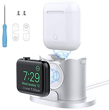 MoKo Charging Stand Compatible with Watch 5/4/3/2/1 & AirPods 2/1, Aluminum Portable Desktop Fast Charger Dock Holder Station Fit iWatch Series/Airpods/iPhone/TV Remote - Silver