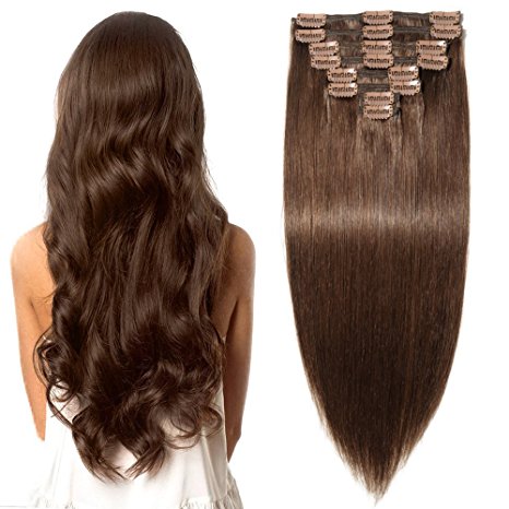 Various Colours - 8 PCS Double Weft Human Hair Extensions Remy - Full Head Thick Straight (18"-140g, #4 Medium Brown)