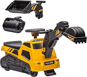 Aosom 3 in 1 Ride on Excavator Bulldozer Road Roller, No Power Ride on Construction Pretend Play with Music, for 18-48 Months, Yellow