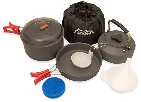 Andes 2 Person Camping Cook Set, Hard Anodised Aluminium, Includes Frying Pan, Sauce Pan, 1L Kettle, Plates, Chopping Board, Carry Bag