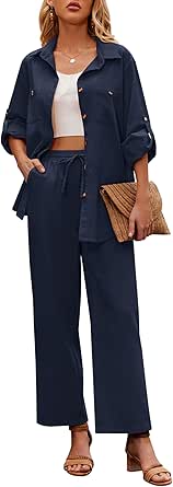 Zeagoo Women 2 Piece Linen Sets 2023 Button Down Shirt and Drawstring Long Pants Set Summer Outfits