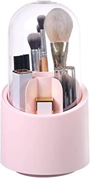 GBSORE Makeup Brushes Holder Organizer with Clear Lid,360 Degree Rotating Makeup Brush Storage Container Dustfree Cosmetic Display Case Holder for Bathroom Countertop Vanity Desktop (Pink)