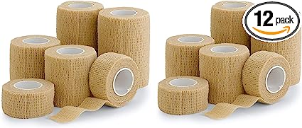 Self Adherent Cohesive Tape - (Pack of 12)1” 2" 3" x 5 Yards, (Light Tan) Self Adhesive Bandage Rolls & Sports Athletic Wrap for Ankle, Wrist, Sprains